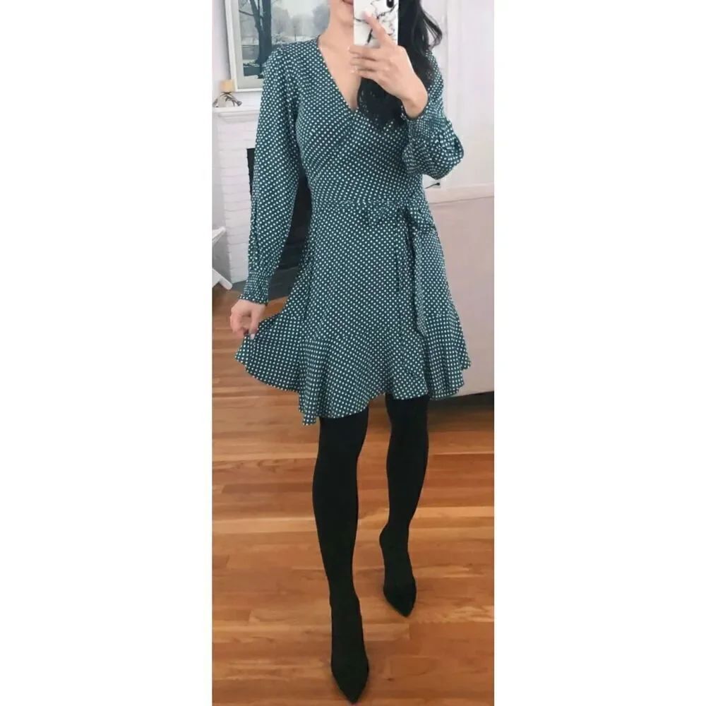 NWT Loft Dark Green Polkadot Mini Wrap Dress
